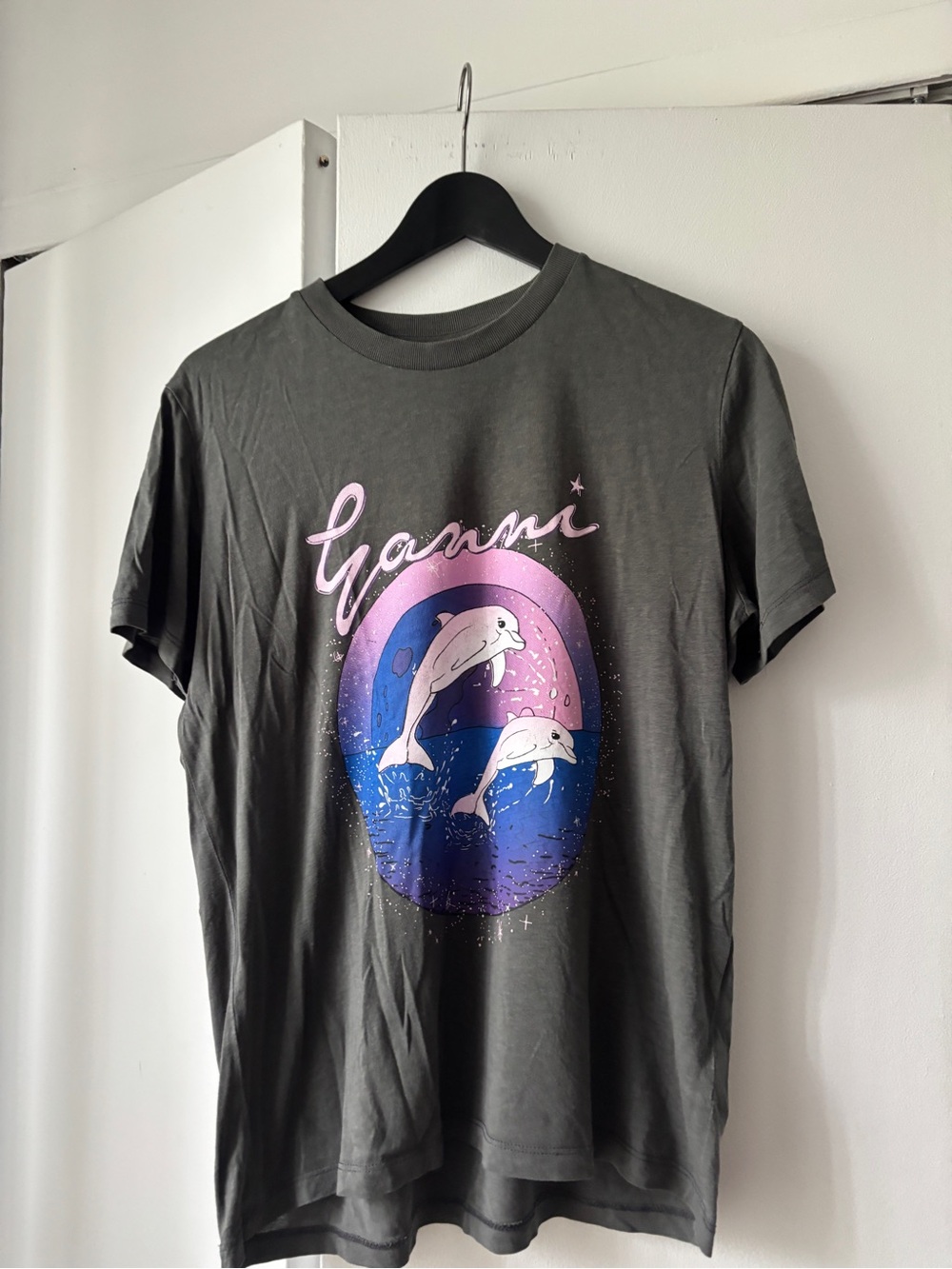 Ganni Gray Graphic Tee with Pink & Blue Dolphin Print
